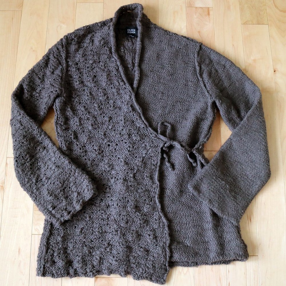 VGUC Unique Eileen Fisher Taupe Wool Tie Crossover Cardigan Knit Sweater Small